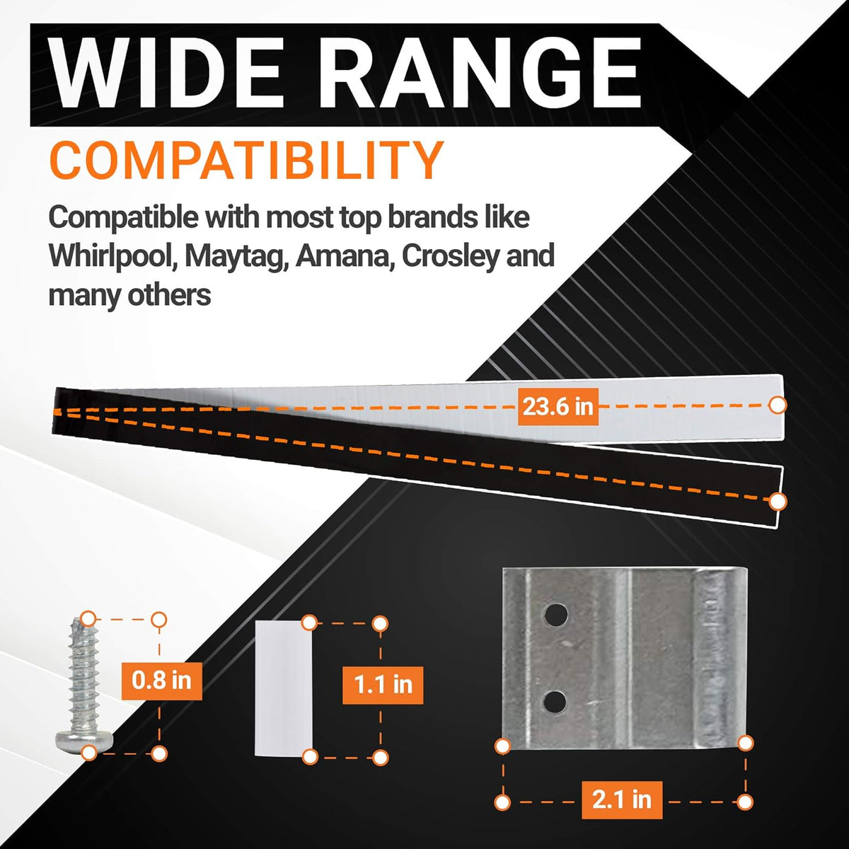 8572546 washer dryer stacking kit components with dimensions and compatibility information graphic.