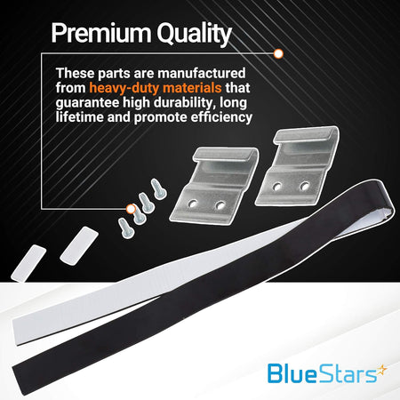 8572546 washer dryer stacking kit components including metal brackets, screws, adhesive strips, and protective pads.