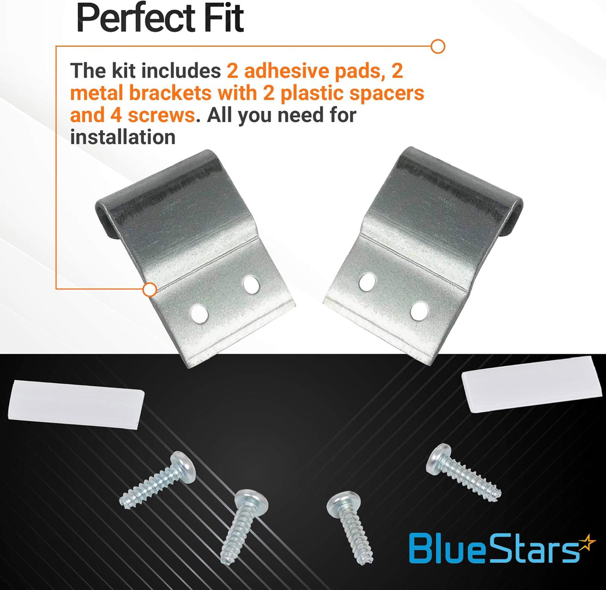 8572546 washer dryer stacking kit components including two metal brackets, two adhesive pads, and four installation screws.