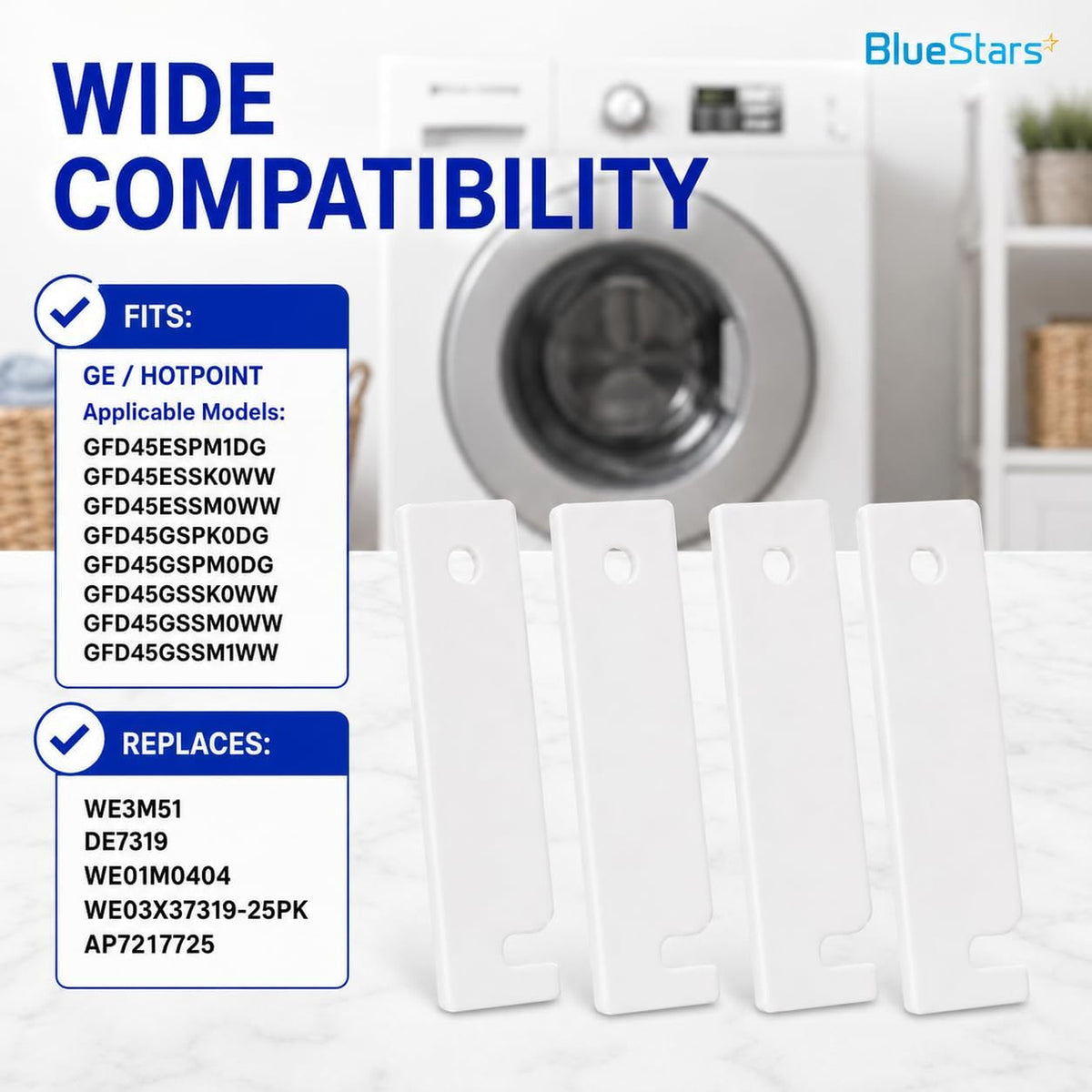 WE03X37319 Dryer Front Glide Bearing Kit, four white glides shown with compatibility and replacement listings