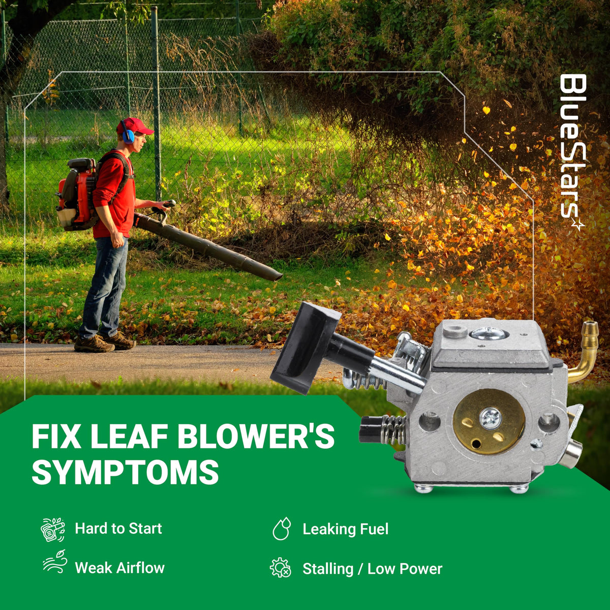 Replacement carburetor for Stihl backpack blowers shown with a person using a leaf blower in the background.