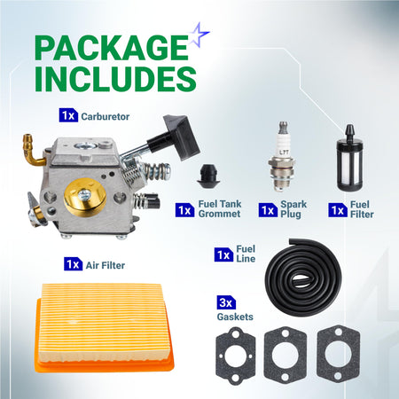 Complete carburetor maintenance kit for Stihl backpack blowers including carburetor, air filter, spark plug, and gaskets.