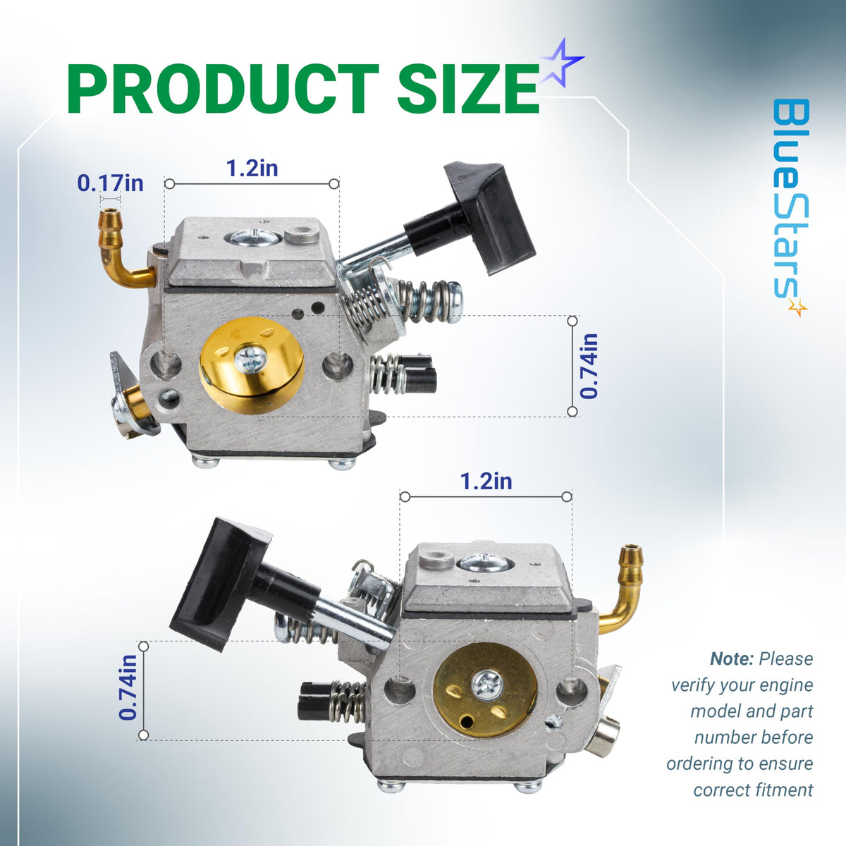 Dimensional diagram of BR420 BR340 carburetor for Stihl backpack blowers showing measurements in inches.