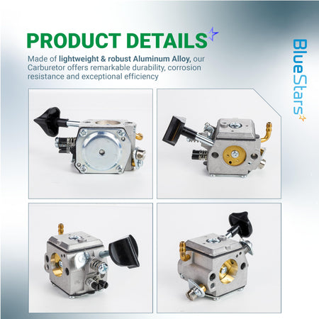 Four-angle view of aluminum alloy carburetor for Stihl BR340, BR420, and SR series backpack blowers.