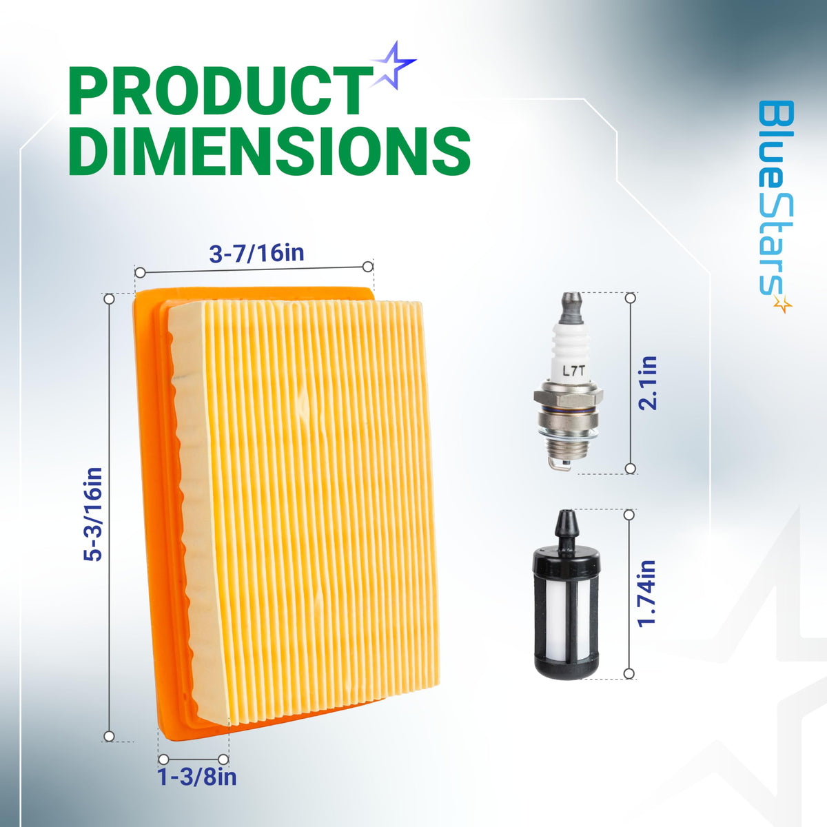 Dimensional diagram showing air filter, spark plug, and fuel filter for Stihl BR420 backpack blower maintenance kit.