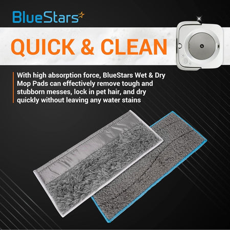 BlueStars microfiber wet and dry mopping pads for iRobot Braava Jet M6 shown in an informational product graphic.