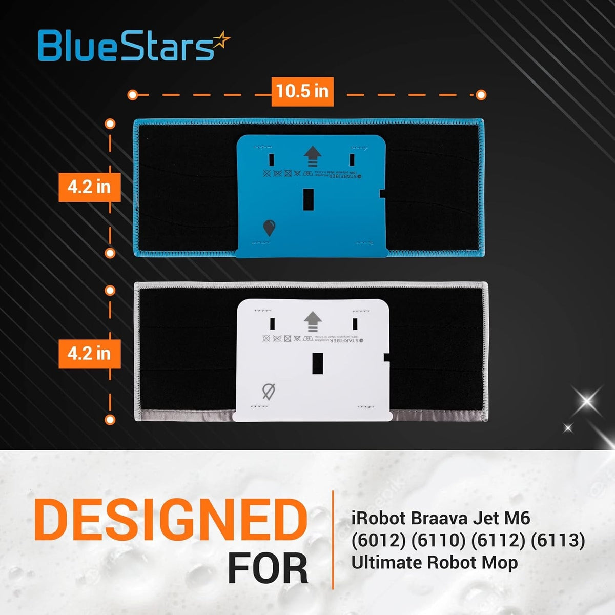BlueStars microfiber wet and dry mopping pads for iRobot Braava Jet M6 with 10.5-inch by 4.2-inch dimension labels.