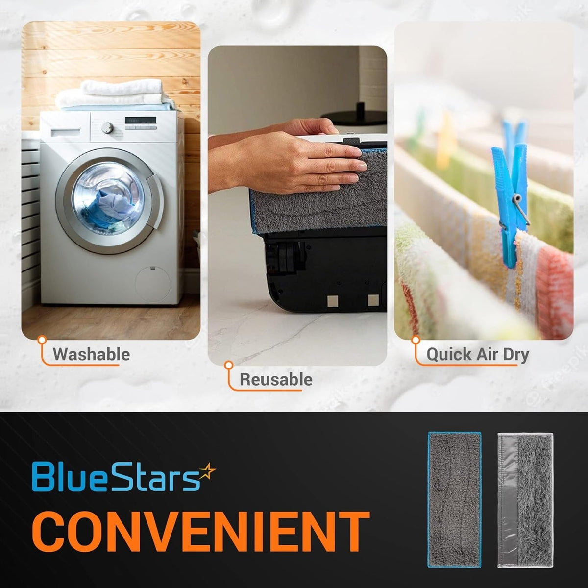 Infographic showing washable and reusable microfiber mopping pads for iRobot Braava Jet M6 robot mops.