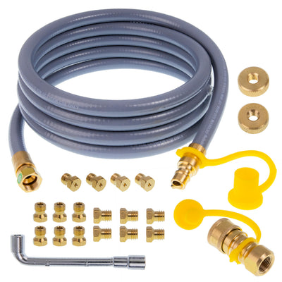 Propane to natural gas conversion kit with 10ft hose, quick connect, and brass orifices for Blackstone griddles.