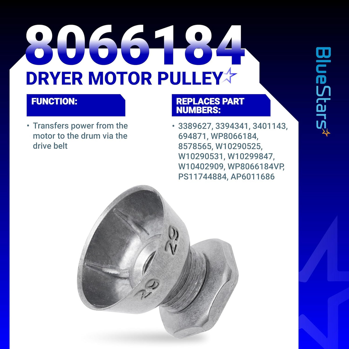 8066184 dryer motor pulley replacement part for Whirlpool, Maytag, and Kenmore dryers.