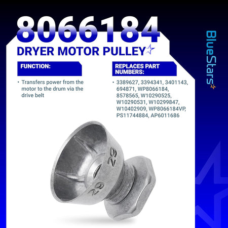 8066184 dryer motor pulley replacement part for Whirlpool, Maytag, and Kenmore dryers.