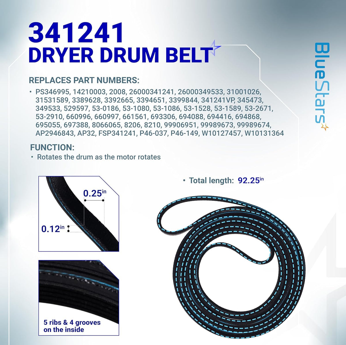 Infographic showing 341241 dryer drum belt specifications, dimensions, and rib details for Whirlpool, Maytag, and Kenmore.