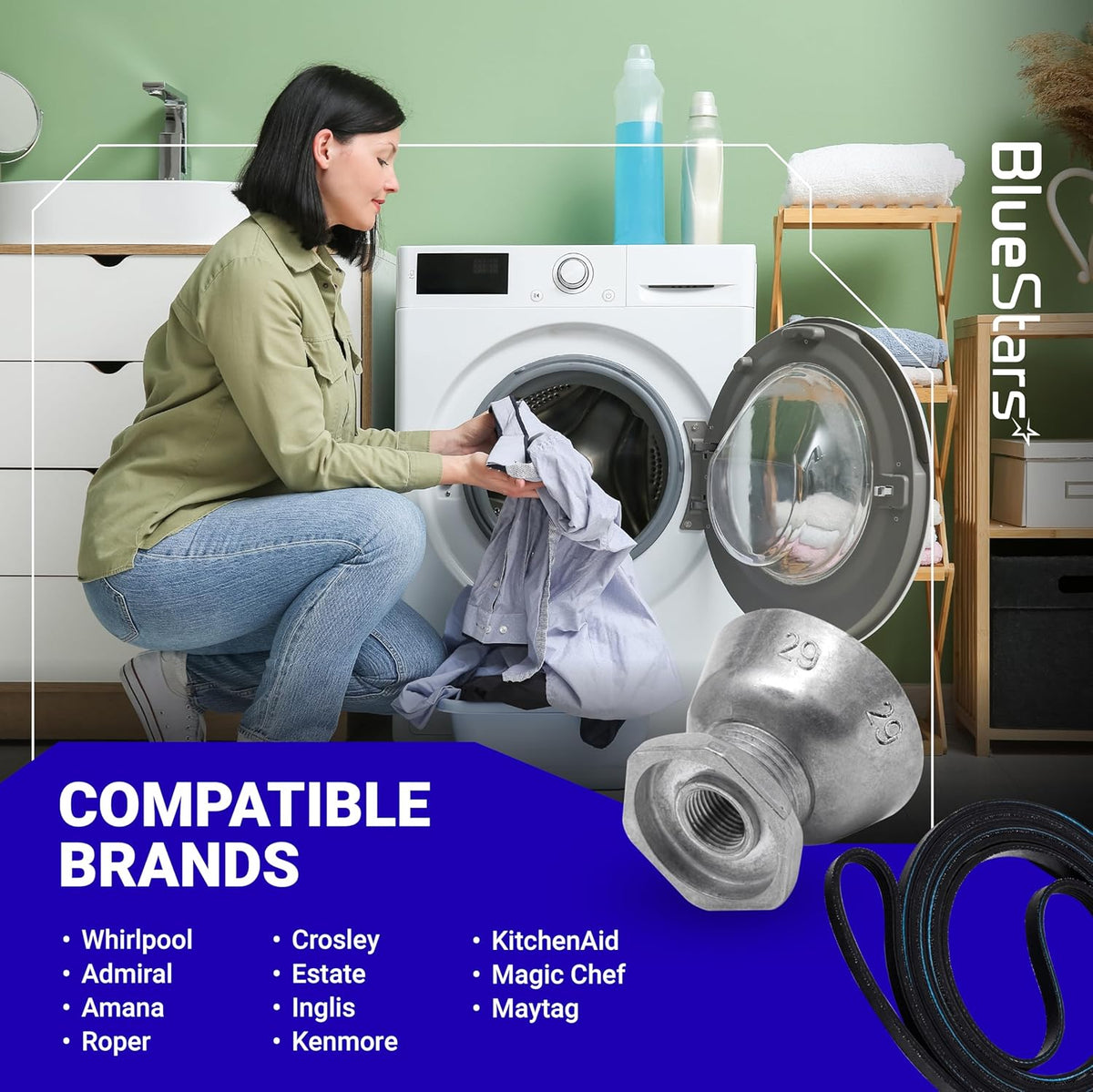 Dryer motor pulley and drum belt replacement kit for Whirlpool, Maytag, and Kenmore dryers.