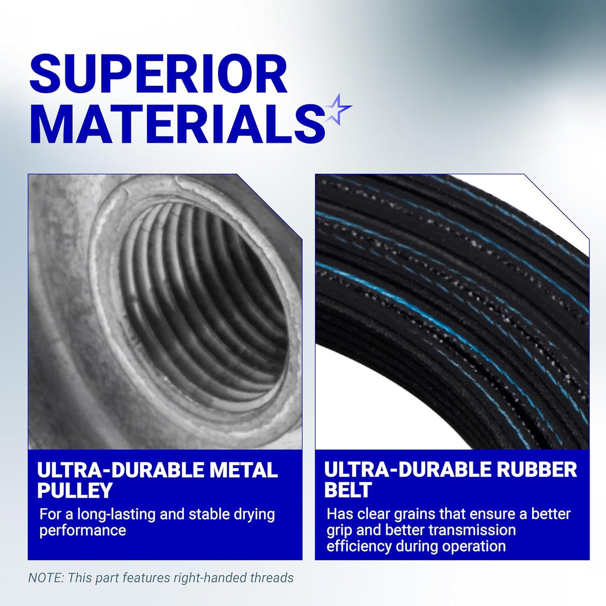 Close-up comparison of durable metal dryer motor pulley and rubber drum belt for Whirlpool, Maytag, and Kenmore dryers.