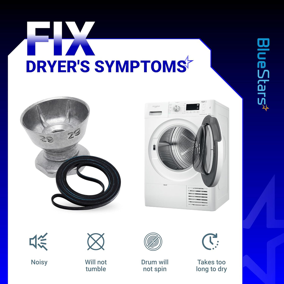 Dryer motor pulley and drum belt repair kit for Whirlpool, Maytag, and Kenmore dryers to fix common performance issues.