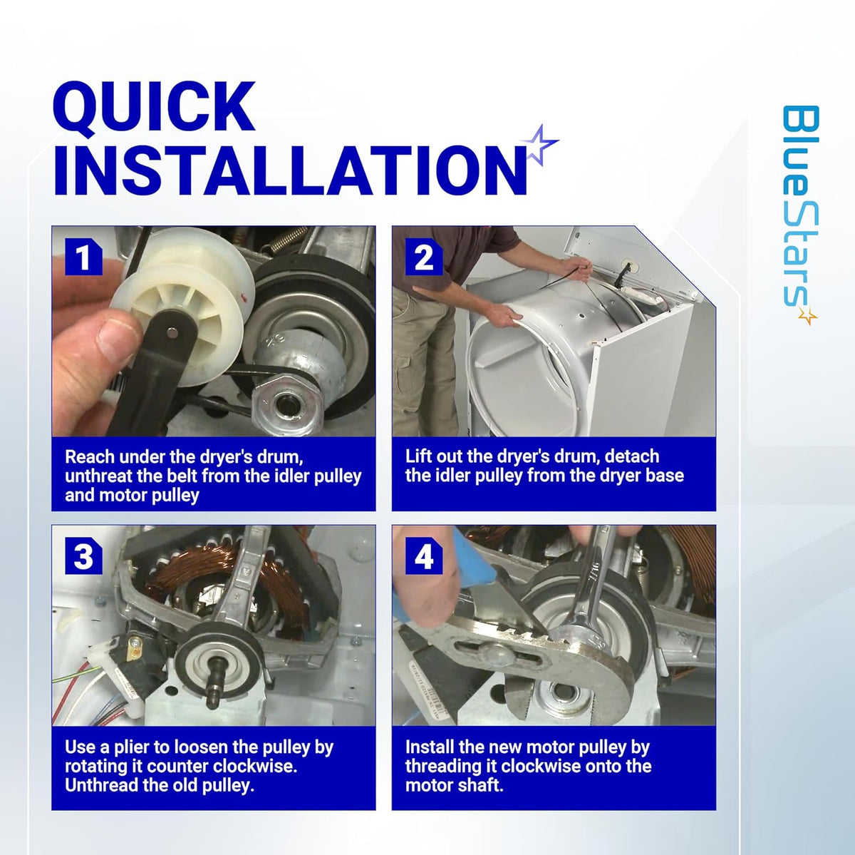 Quick installation guide for replacing a dryer motor pulley and drum belt on Whirlpool, Maytag, and Kenmore dryers.