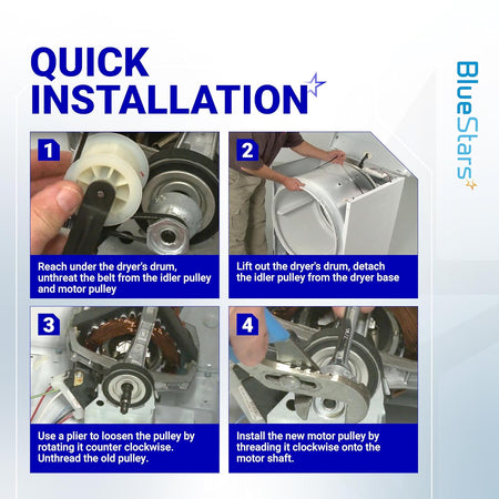 Quick installation guide for replacing a dryer motor pulley and drum belt on Whirlpool, Maytag, and Kenmore dryers.