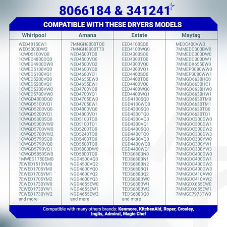 Compatibility chart for 8066184 dryer motor pulley and 341241 dryer drum belt listing compatible appliance models.
