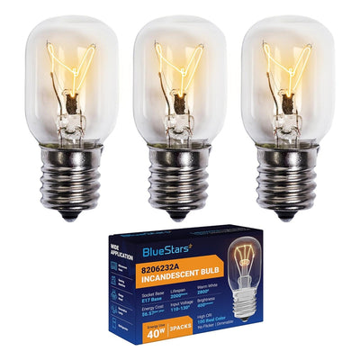 Three 8206232A 125V 40W microwave bulbs with E17 bases and their retail packaging box.