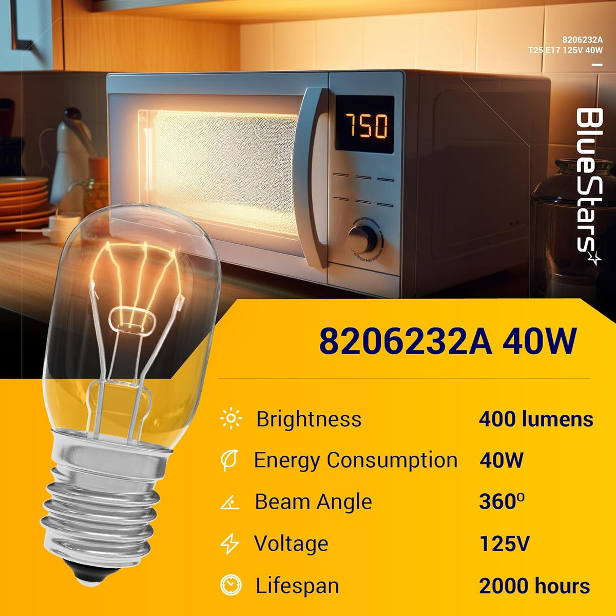 8206232A 125V 40W microwave bulb with E17 base shown with technical specifications and microwave oven background.