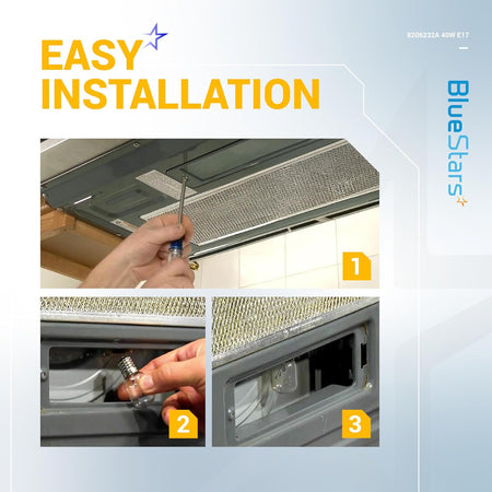 Installation guide showing how to replace a 125V 40W E17 base microwave bulb in a range hood.