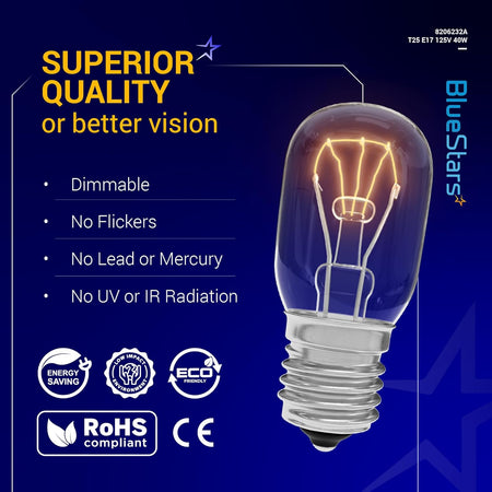 8206232A KEI 125V 40W microwave bulb with E17 base shown in a promotional graphic highlighting product features.