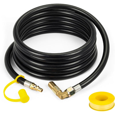 12ft RV propane hose with quick connect fitting, elbow adapter, and yellow thread seal tape.