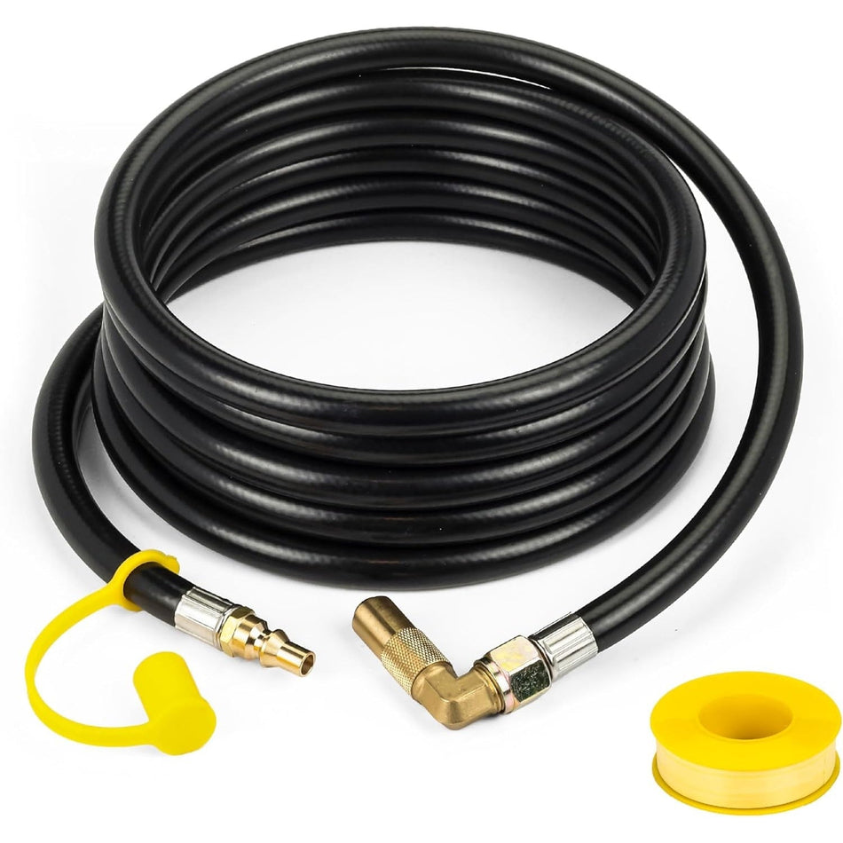 12ft RV propane hose with quick connect fitting, elbow adapter, and yellow thread seal tape.