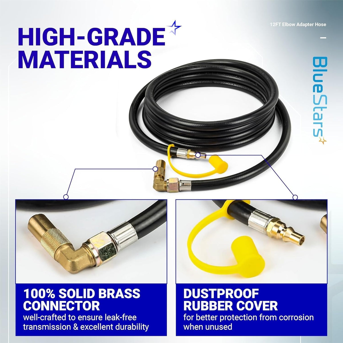 12ft RV propane hose featuring a solid brass elbow adapter and a protective dustproof rubber cover.