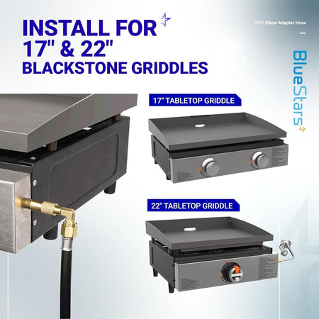 Propane hose elbow adapter installed on 17-inch and 22-inch Blackstone tabletop griddles.