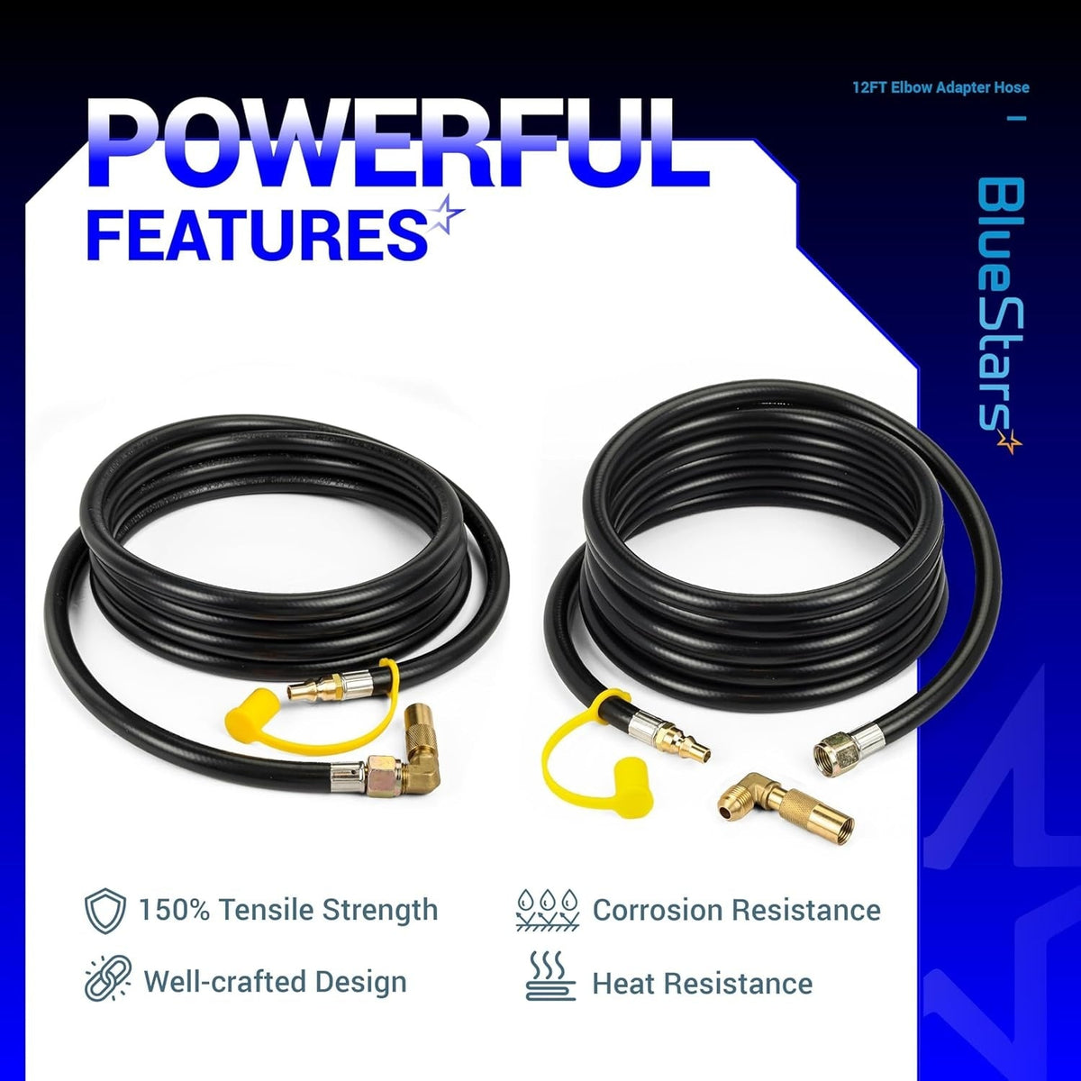 12ft RV propane quick connect hose with elbow adapter for Blackstone grills, showing product features and components.