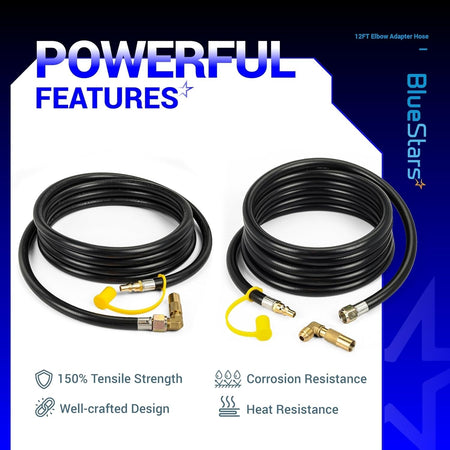 12ft RV propane quick connect hose with elbow adapter for Blackstone grills, showing product features and components.