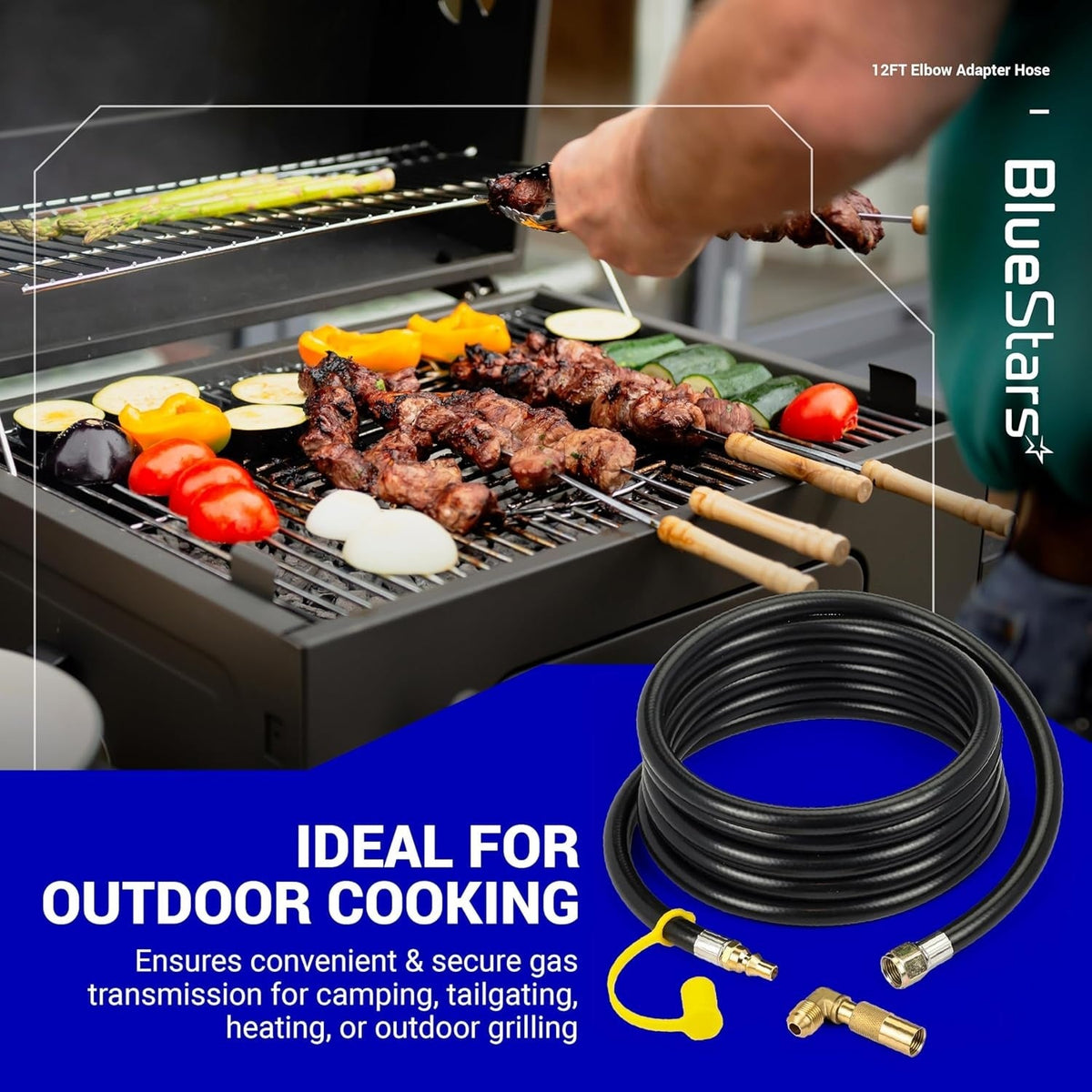 12ft RV propane quick connect hose with elbow adapter for Blackstone grills used for outdoor cooking.
