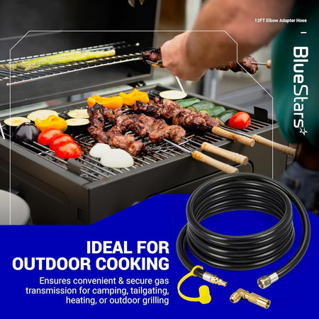12ft RV propane quick connect hose with elbow adapter for Blackstone grills used for outdoor cooking.