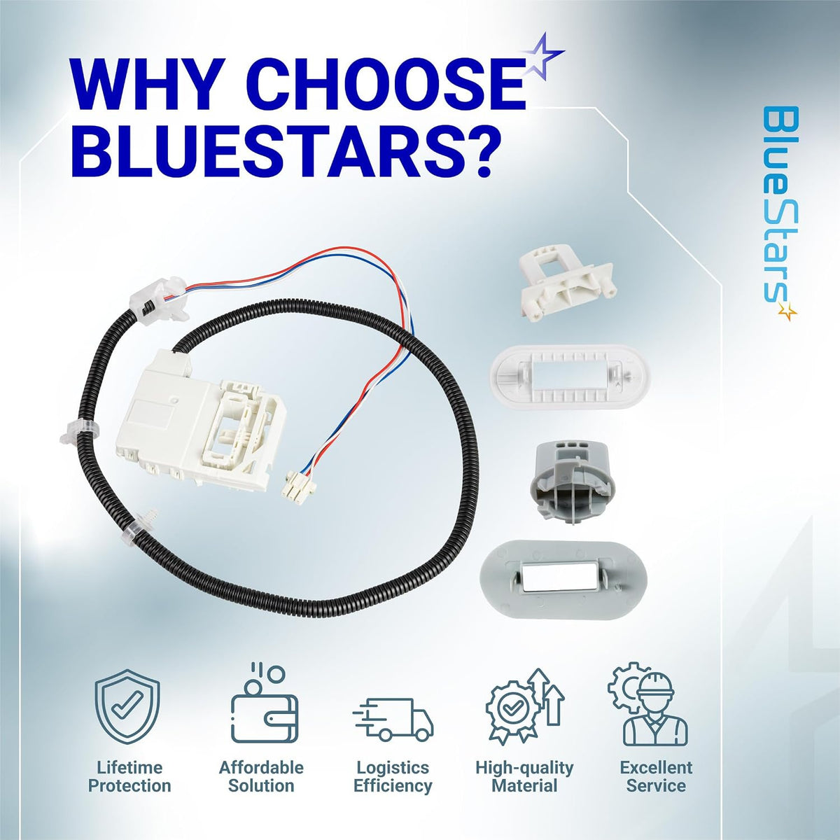 290D3070P002 Door Lid Lock Switch Assembly, product and components shown in a Bluestars feature graphic