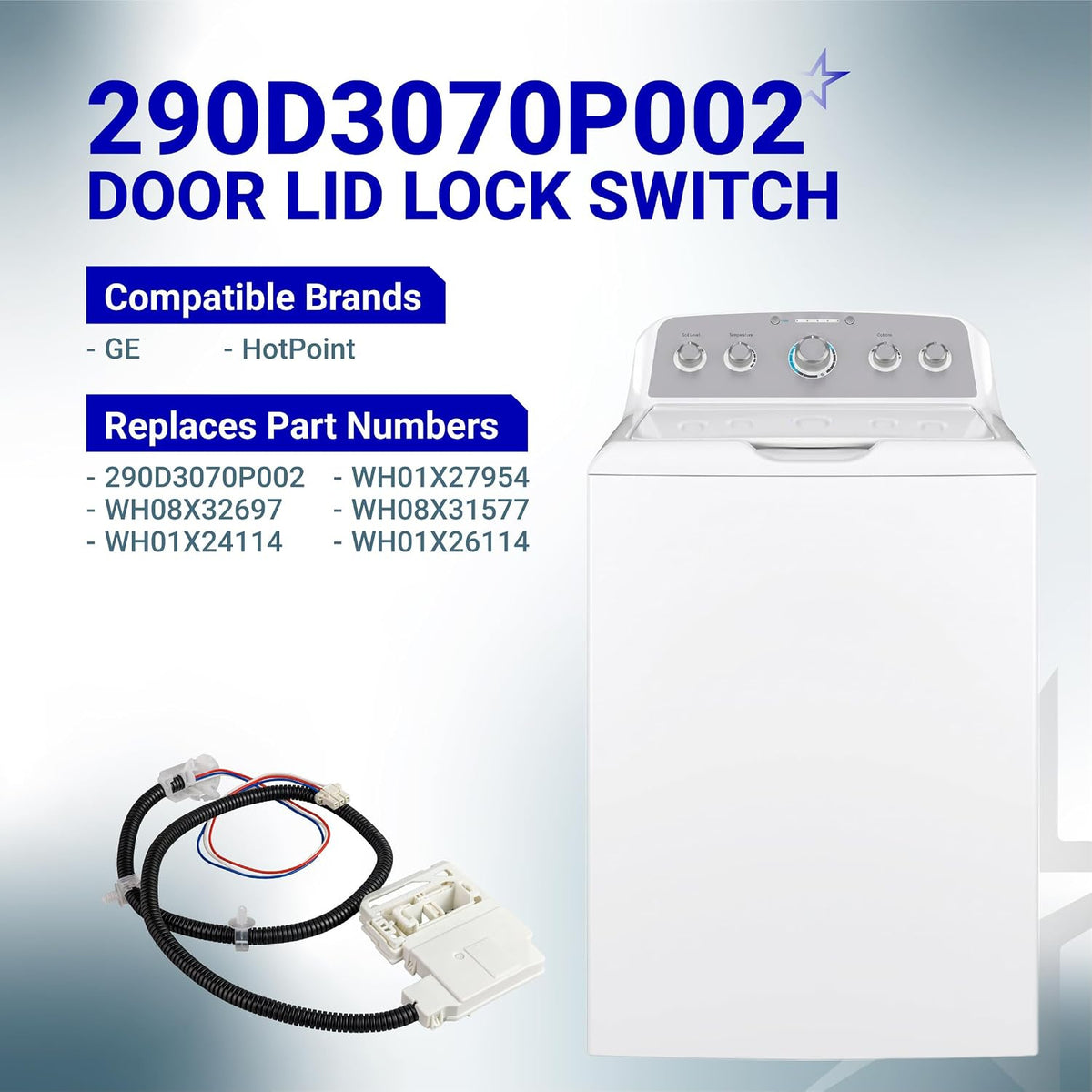 290D3070P002 Door Lid Lock Switch Assembly, product graphic with the switch beside a top-load washer