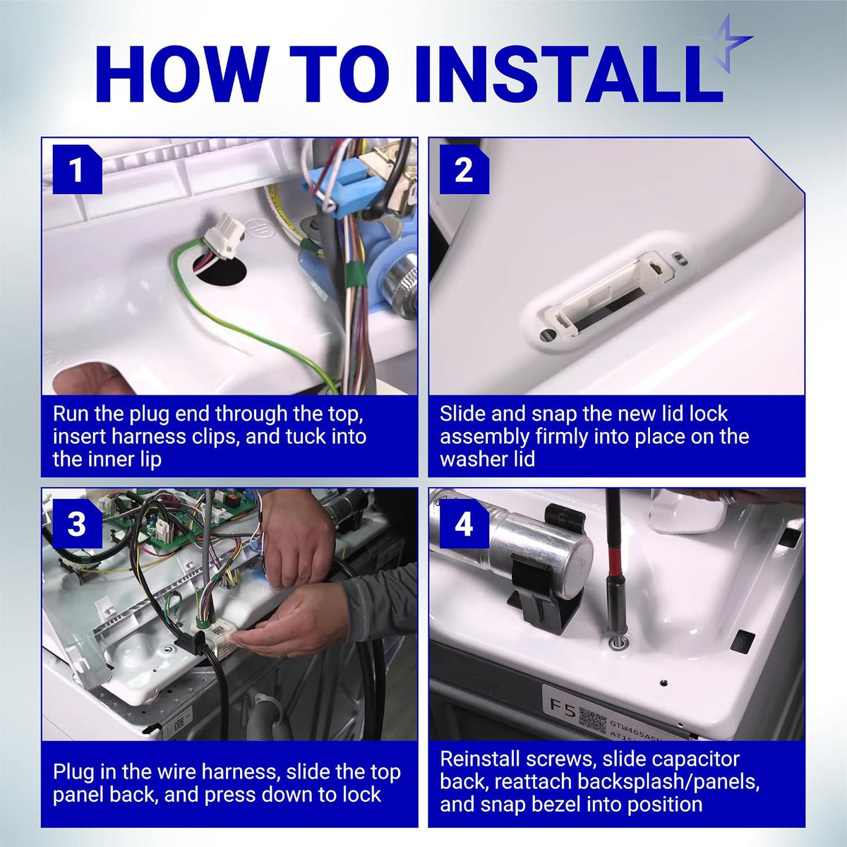 290D3070P002 GE Hotpoint lid lock switch installation guide showing four washer installation steps
