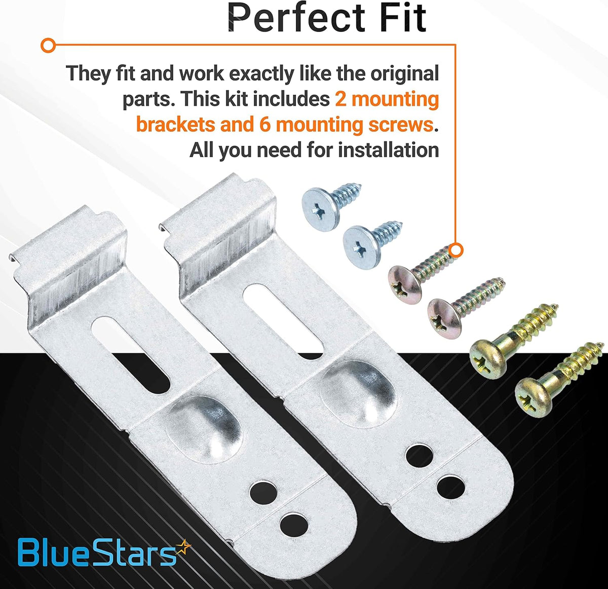Samsung dishwasher mounting bracket kit with two metal brackets and six installation screws.