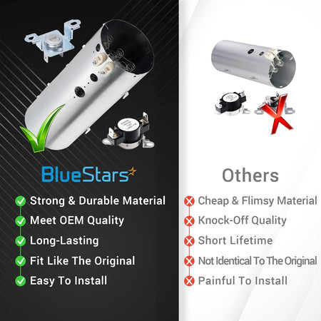 Comparison chart showing BlueStars dryer heating element and thermostat kit versus generic replacement parts.