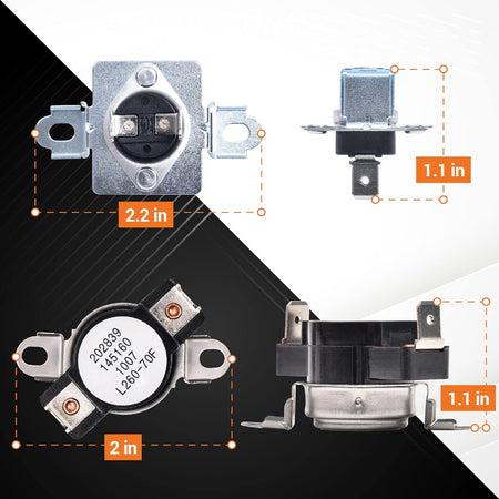 Dimensional diagram of dryer thermostat and thermal limiter replacement parts for Electrolux and Frigidaire dryers.
