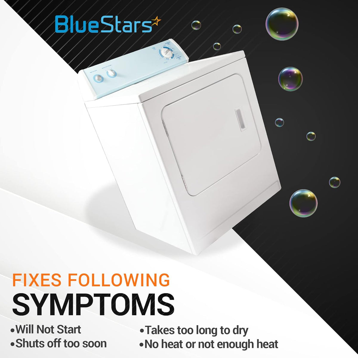 White dryer compatible with Electrolux and Frigidaire replacement parts kit, showing common dryer repair symptoms.