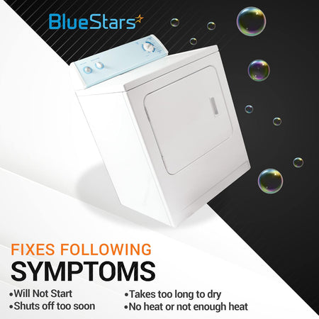 White dryer compatible with Electrolux and Frigidaire replacement parts kit, showing common dryer repair symptoms.