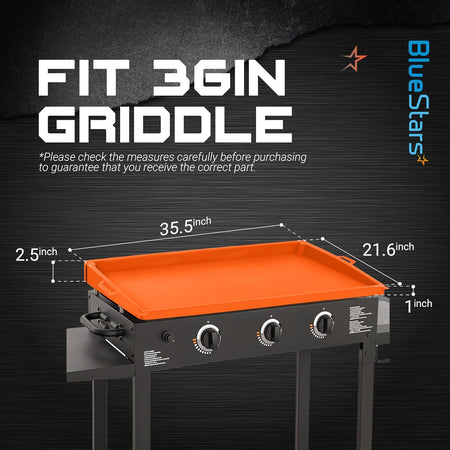 Orange silicone griddle cover for 36-inch griddles with dimension labels showing fitment specifications.