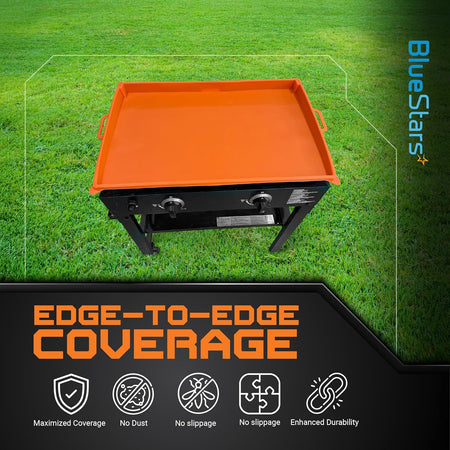 Orange 36-inch silicone griddle cover providing edge-to-edge protection on an outdoor grill.