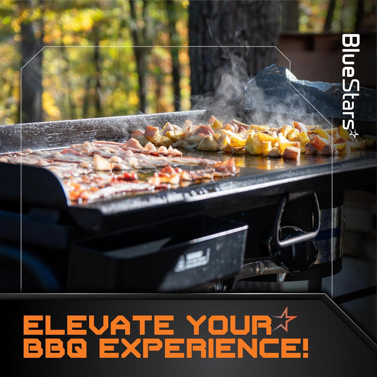 Food cooking on a 36-inch outdoor griddle surface with BlueStars branding.