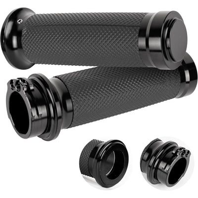 Pair of 1-inch black knurled motorcycle hand grips for Harley, Honda, Yamaha, Suzuki, and Kawasaki cruisers.