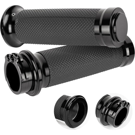 Pair of 1-inch black knurled motorcycle hand grips for Harley, Honda, Yamaha, Suzuki, and Kawasaki cruisers.