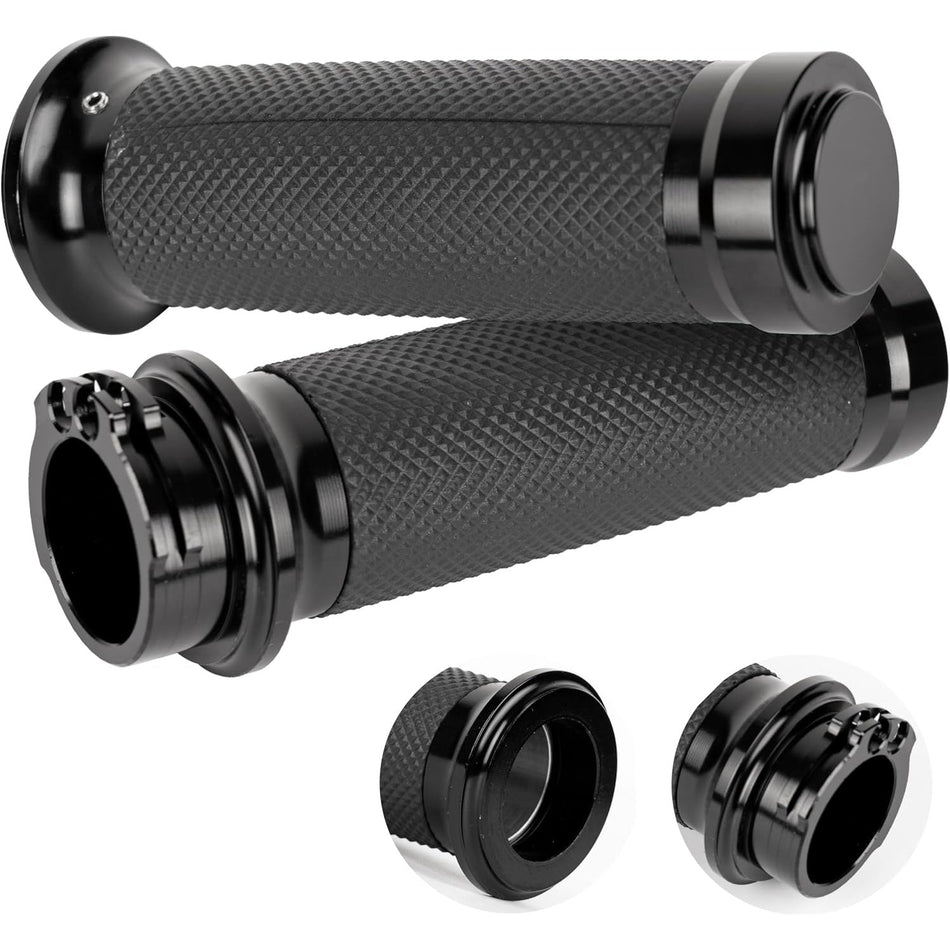 Pair of 1-inch black knurled motorcycle hand grips for Harley, Honda, Yamaha, Suzuki, and Kawasaki cruisers.