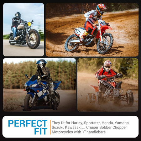 Collage showing various motorcycles and ATVs compatible with 1-inch handlebar hand grips.