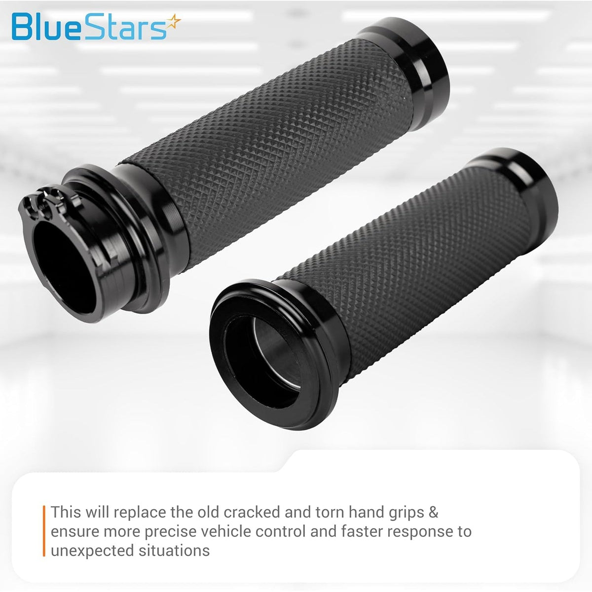 Pair of 1-inch black knurled motorcycle hand grips for Harley, Honda, Yamaha, Suzuki, and Kawasaki cruisers.
